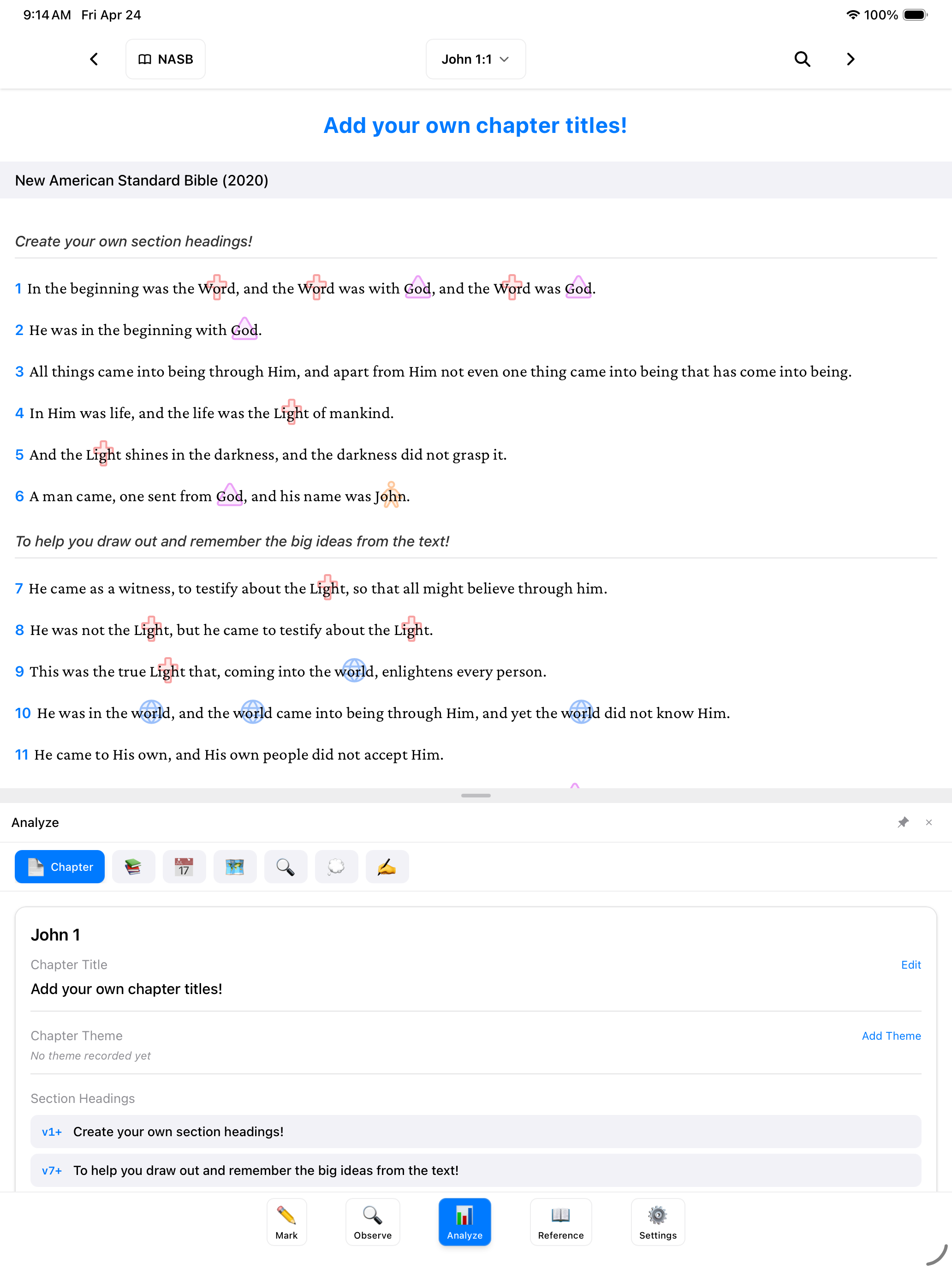 BibleMarker 2.0 Analyze panel with study tools