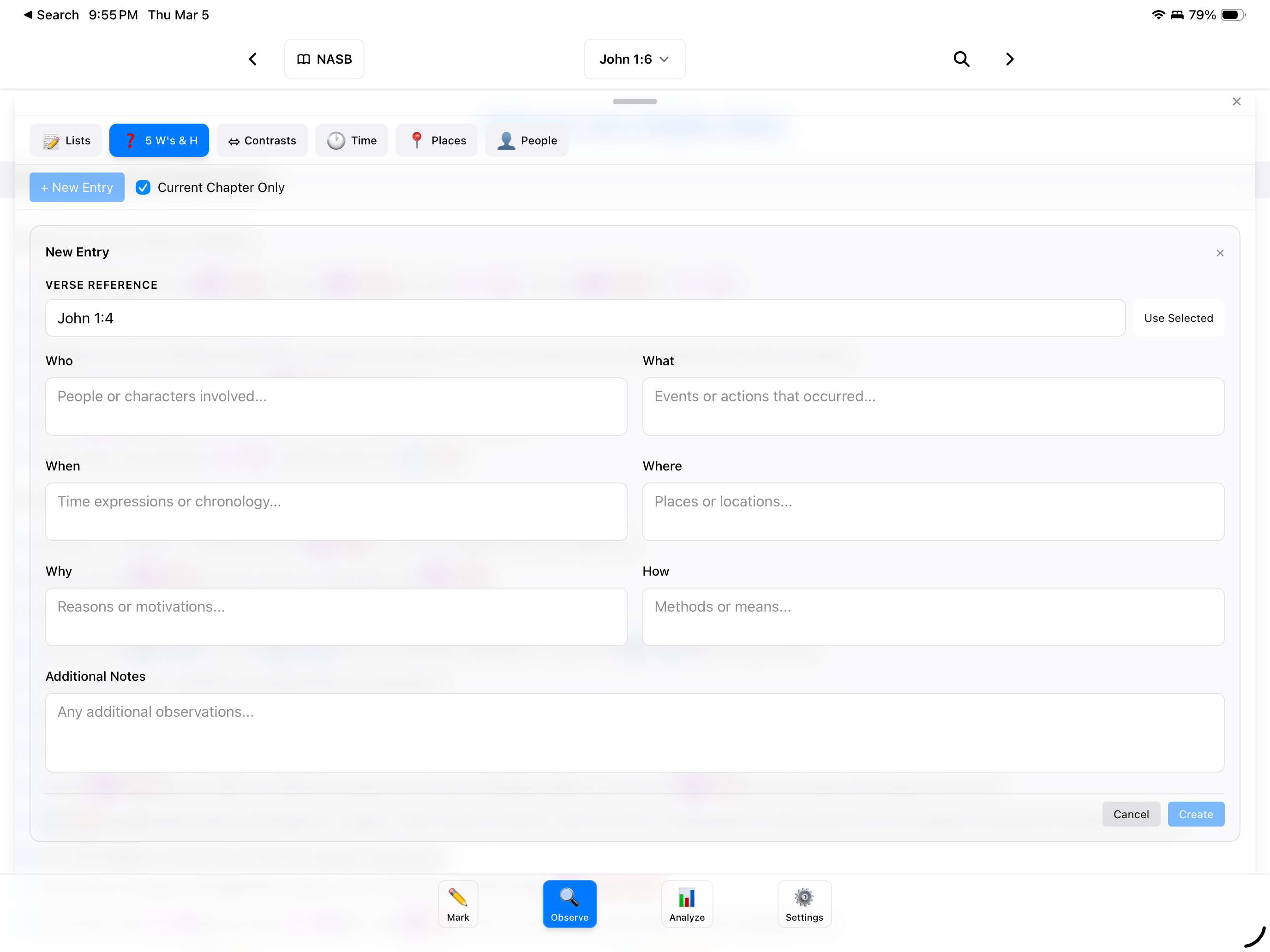BibleMarker — Observe panel with 5 W’s & H